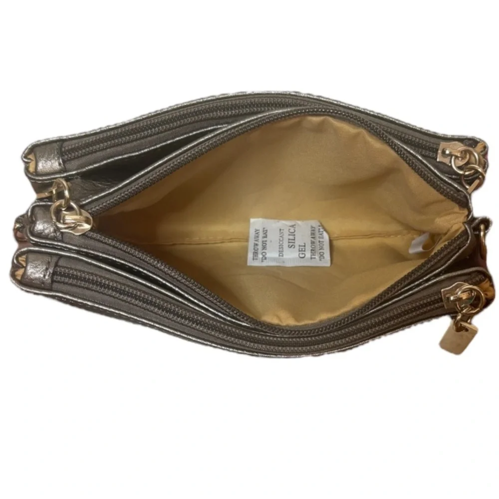 Michael Kors Crossbody Wristlet Metallic Multi Compartments Pewter Silver Gold